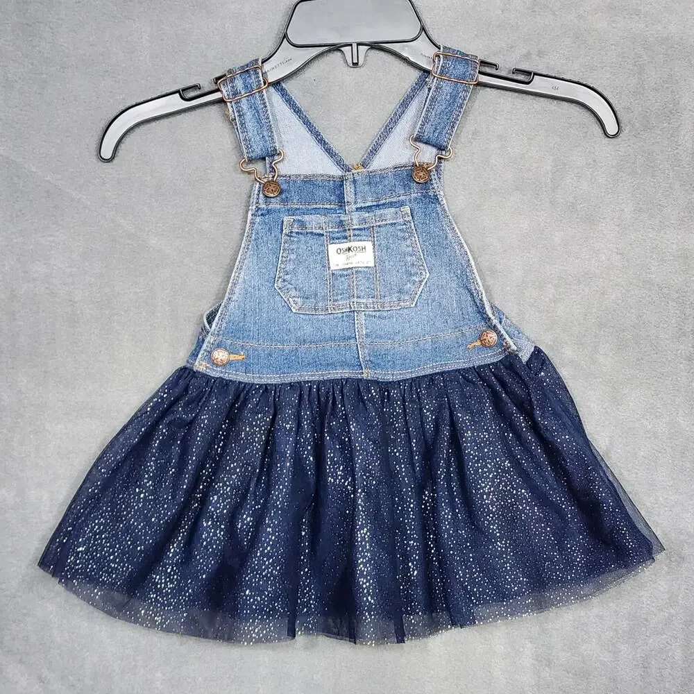 Oshkosh Bib Overall Dress Baby Girl Navy Blue Sparkly Tutu Dress 24Months